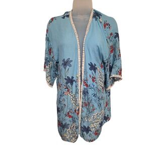 In Bloom by Jonquil Kimono Blue Floral Lace Trim Open Front Boho Women's S